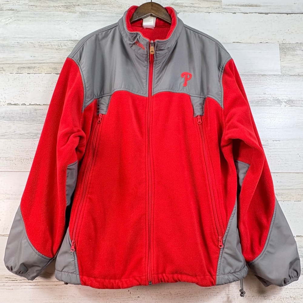 Majestic Philadelphia Phillies VintageFleece Jacket Men XL Red Grey Full Zip Y2K